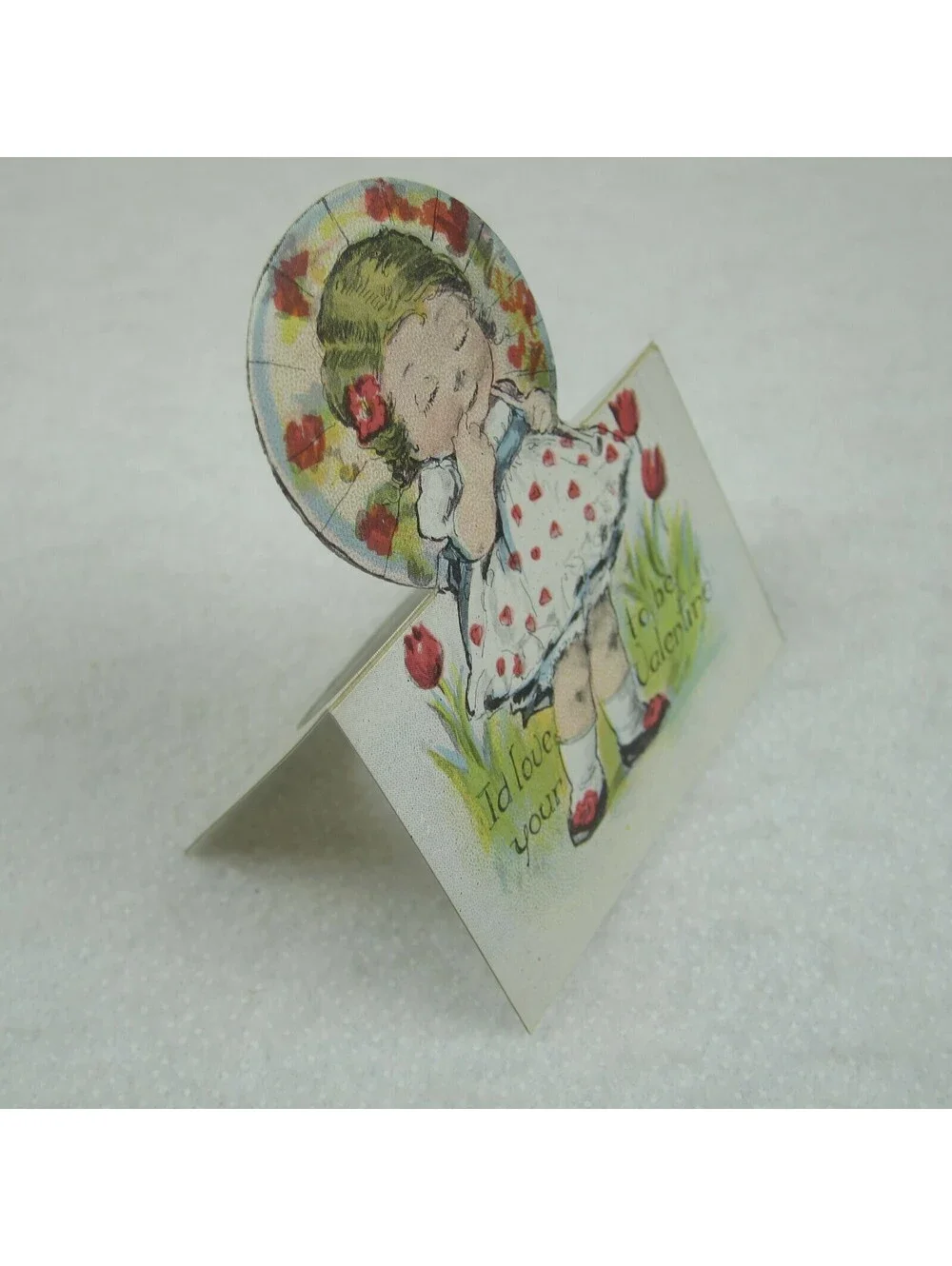 Vintage Valentine Cutout Card Stand Up Blonde Girl Parasol Red 1920-30s UNSIGNED